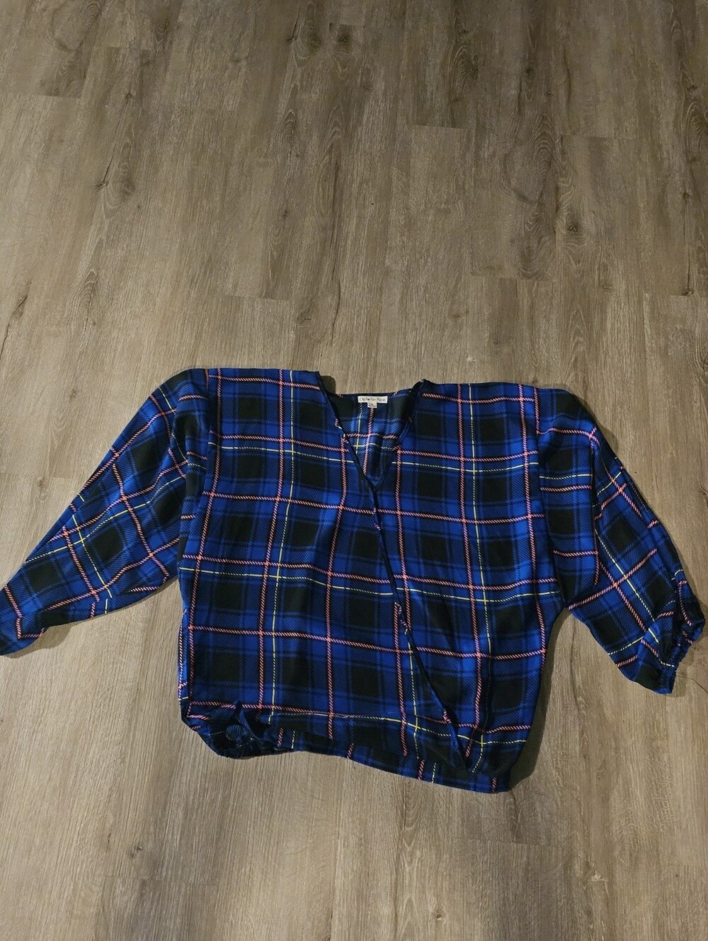 Women's  Blue Plaid Puff-Sleeve Top